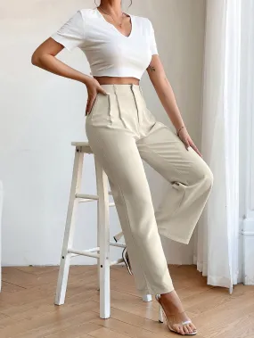 PETITE High Waist Plicated Detail Straight Leg Pants