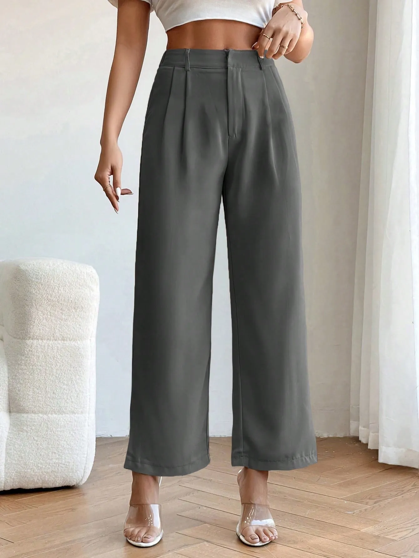 PETITE High Waist Plicated Detail Straight Leg Pants