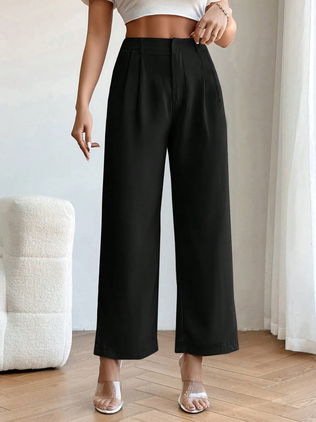 PETITE High Waist Plicated Detail Straight Leg Pants