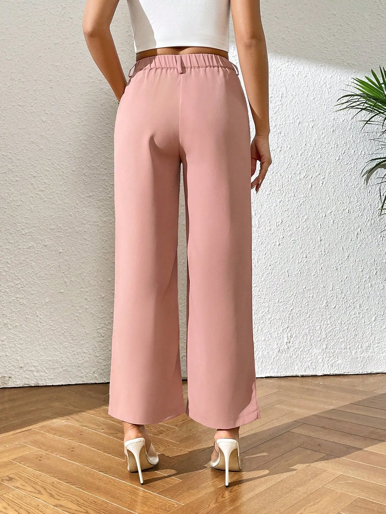 PETITE High Waist Plicated Detail Straight Leg Pants