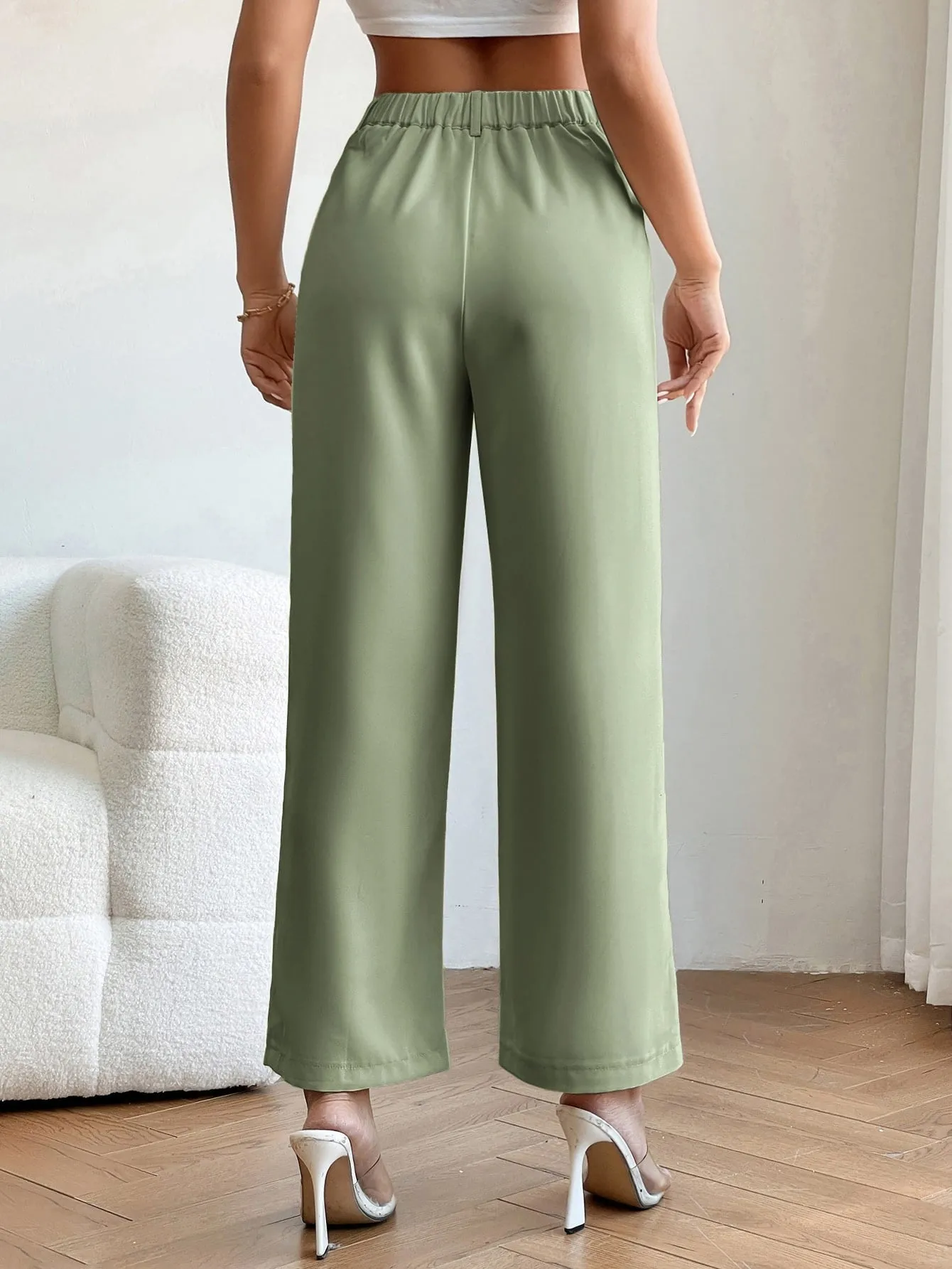 PETITE High Waist Plicated Detail Straight Leg Pants