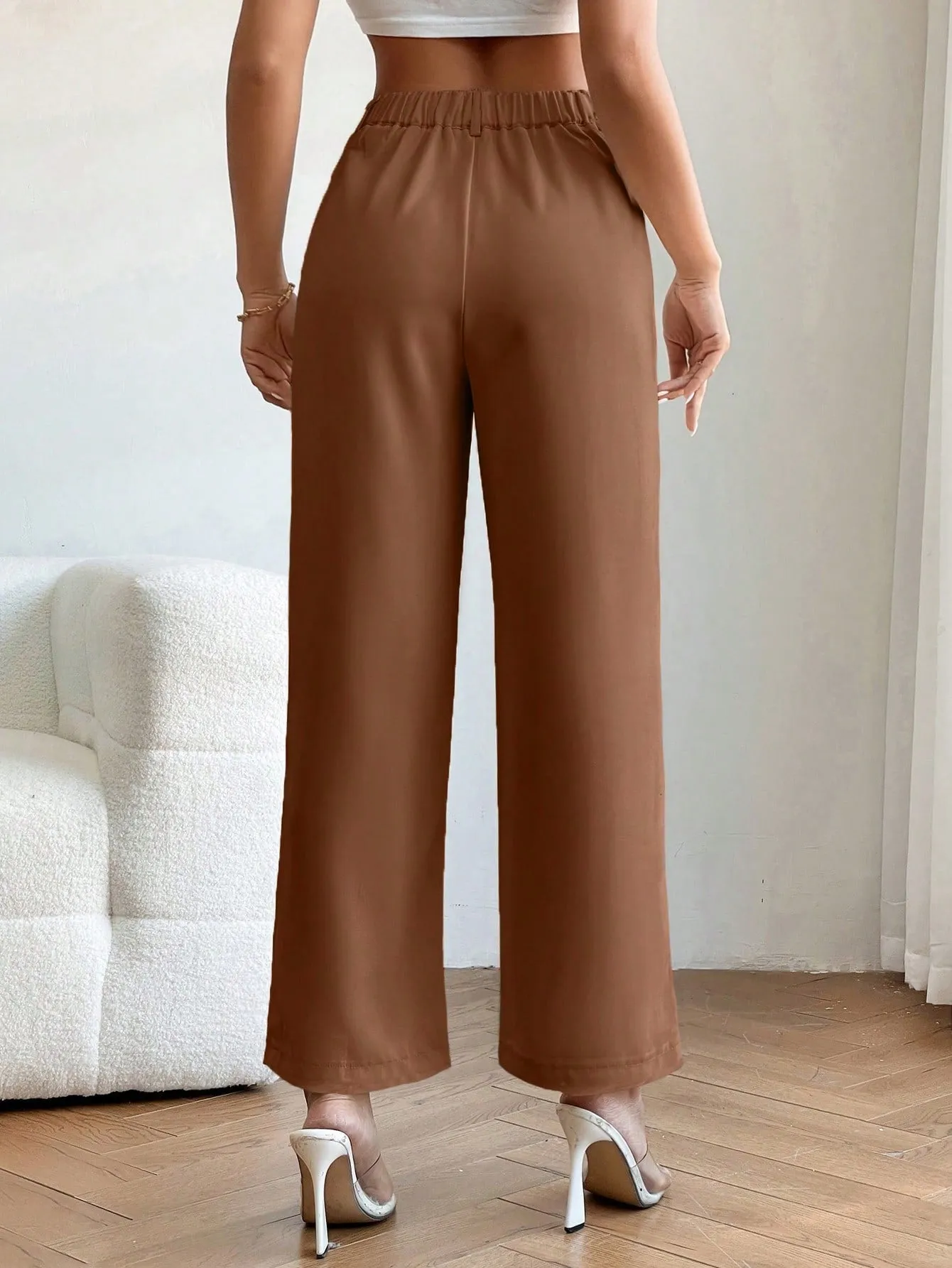 PETITE High Waist Plicated Detail Straight Leg Pants