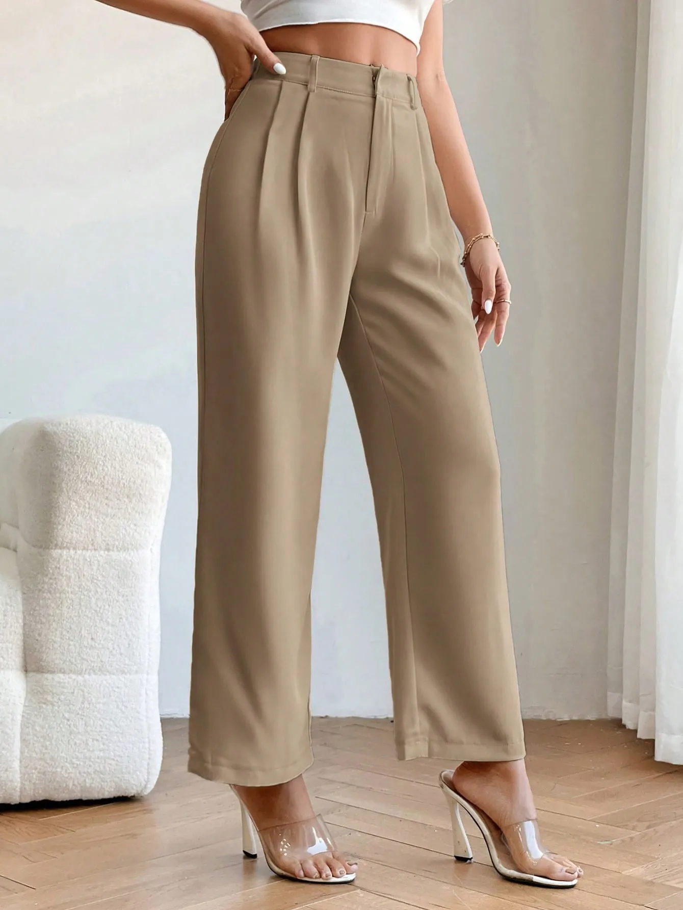 PETITE High Waist Plicated Detail Straight Leg Pants