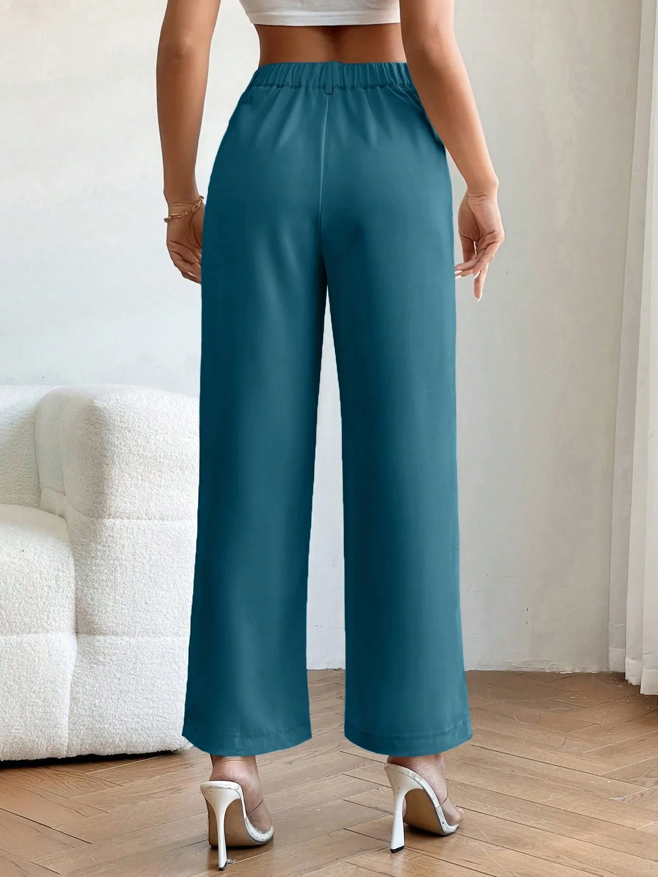 PETITE High Waist Plicated Detail Straight Leg Pants