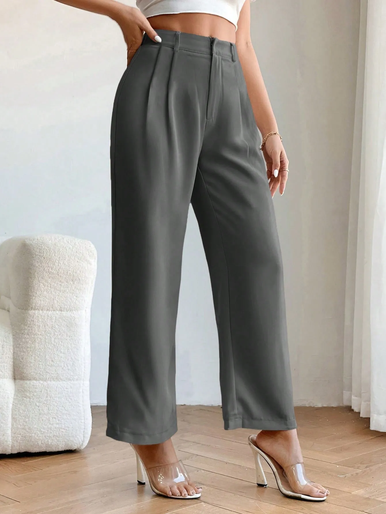 PETITE High Waist Plicated Detail Straight Leg Pants