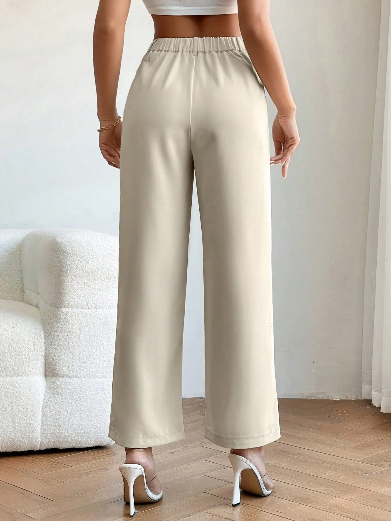 PETITE High Waist Plicated Detail Straight Leg Pants