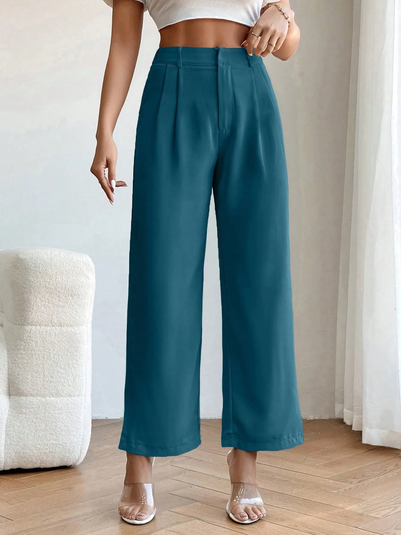 PETITE High Waist Plicated Detail Straight Leg Pants