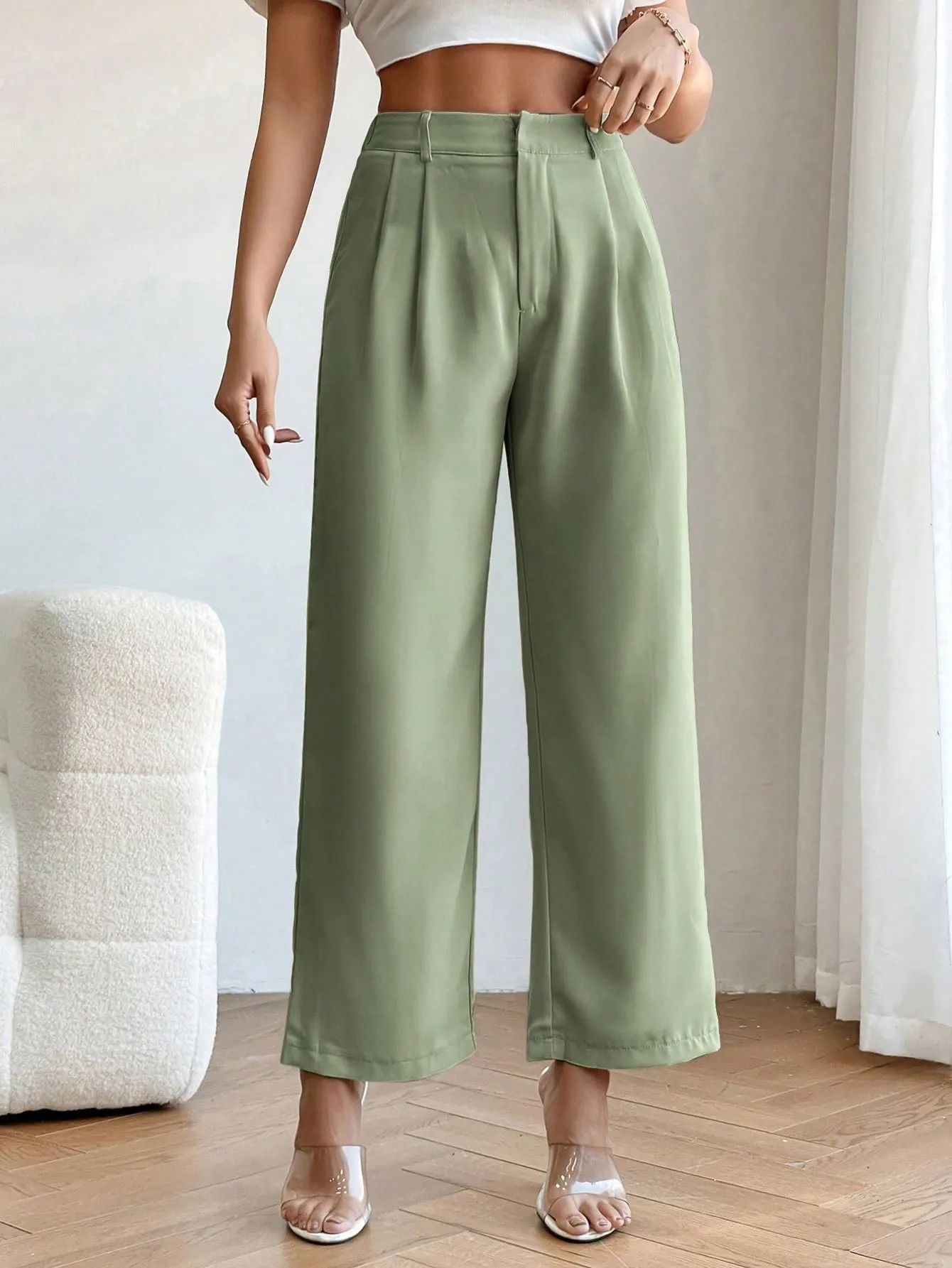 PETITE High Waist Plicated Detail Straight Leg Pants