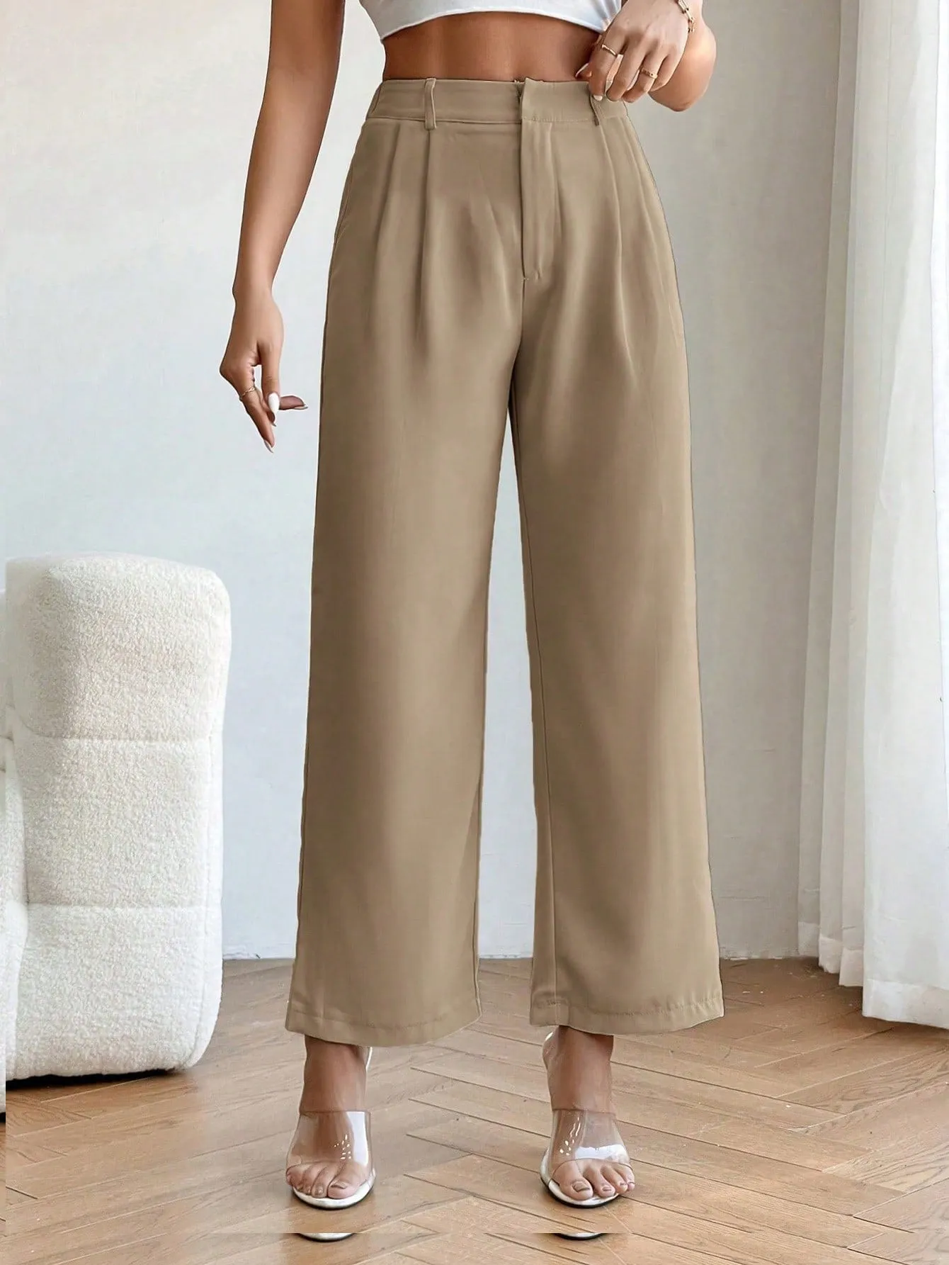 PETITE High Waist Plicated Detail Straight Leg Pants