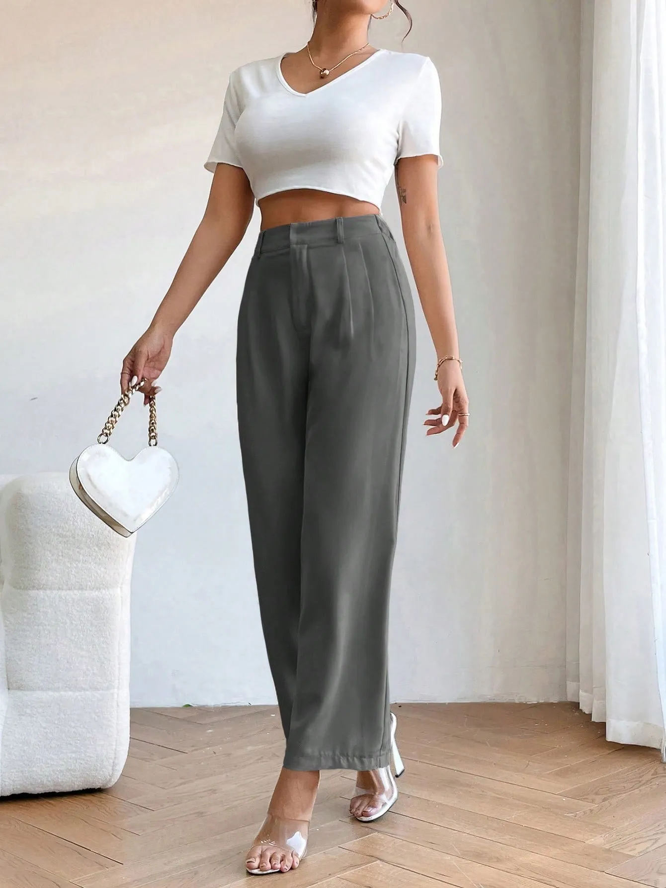 PETITE High Waist Plicated Detail Straight Leg Pants