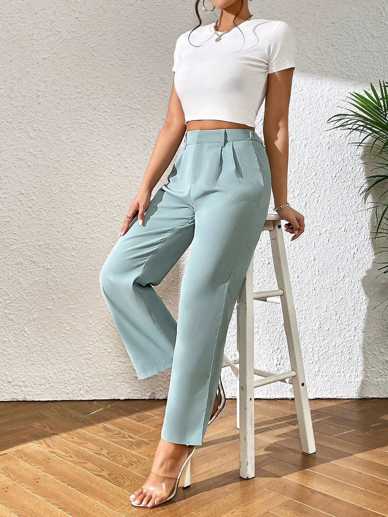 PETITE High Waist Plicated Detail Straight Leg Pants