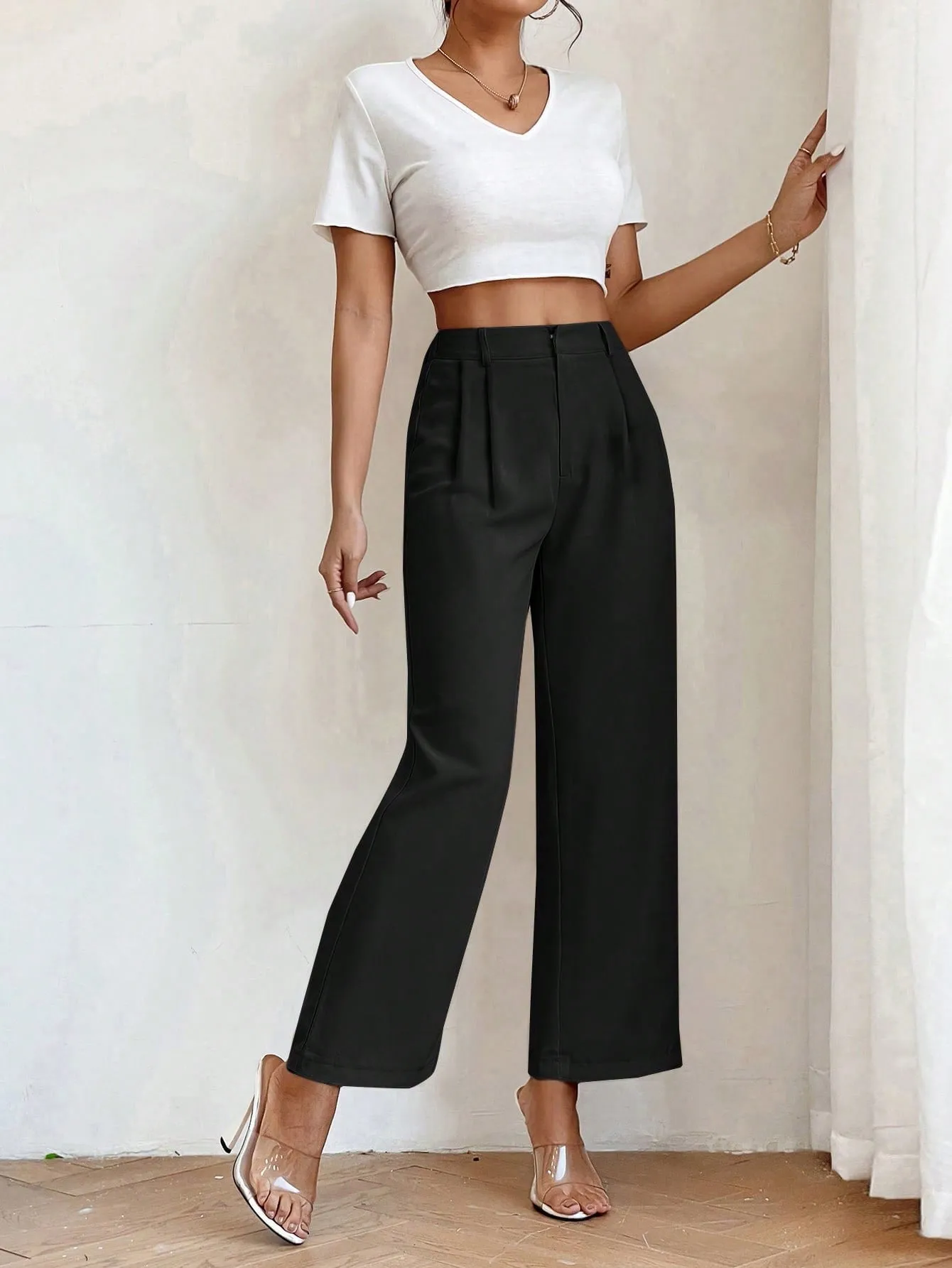 PETITE High Waist Plicated Detail Straight Leg Pants