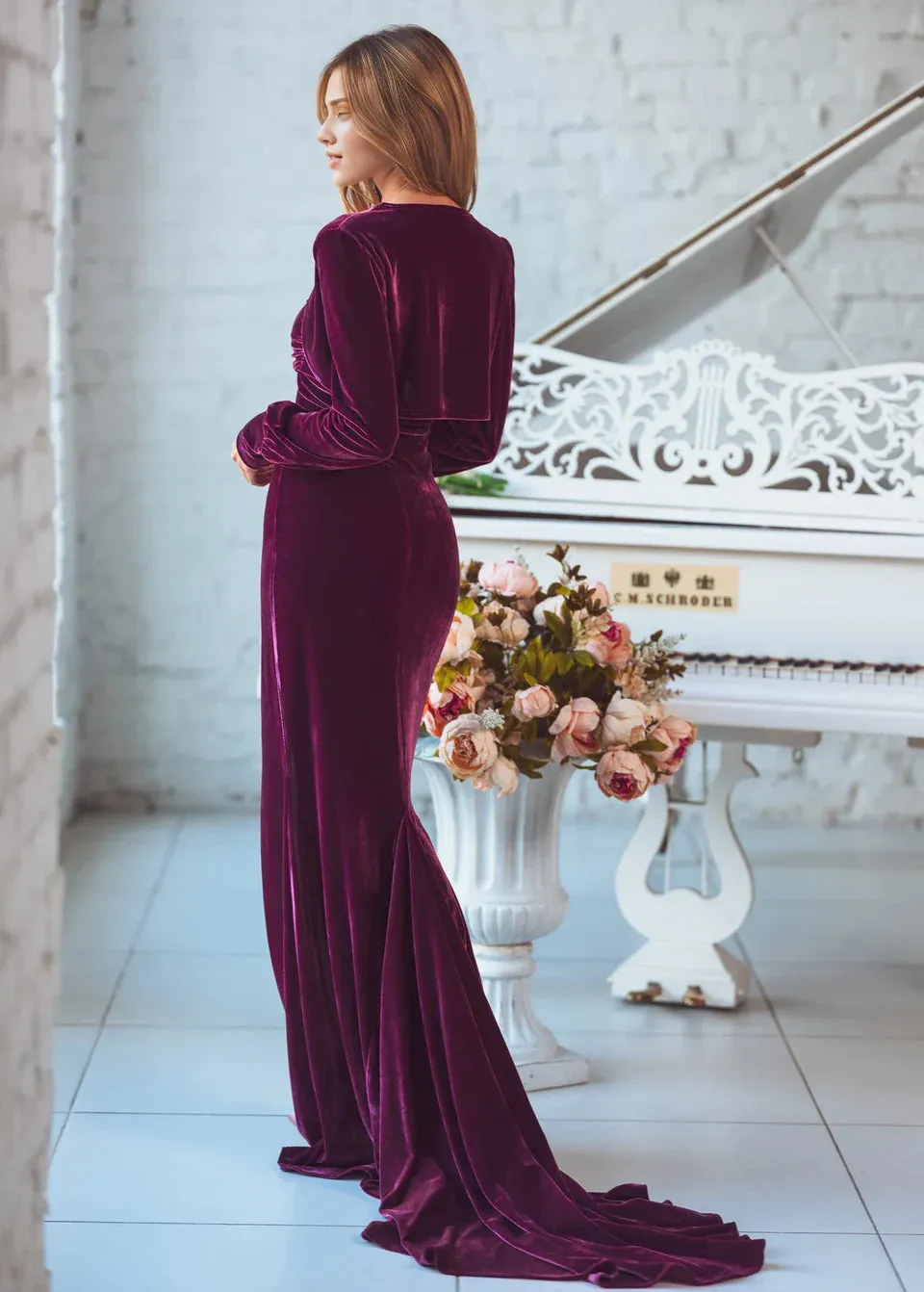 Plum Strapless Maxi Dress Velvet Mermaid Train Dress Wedding Guest Dress Evening Dress Bridesmaid Dress Special Occasion Bodycon Dress With Slit