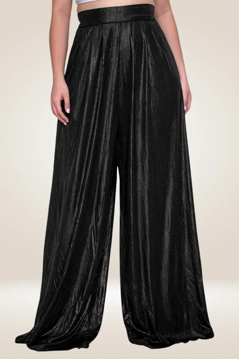 Plus Size Metallic High Waist Wide Leg Black Palazzo Pants