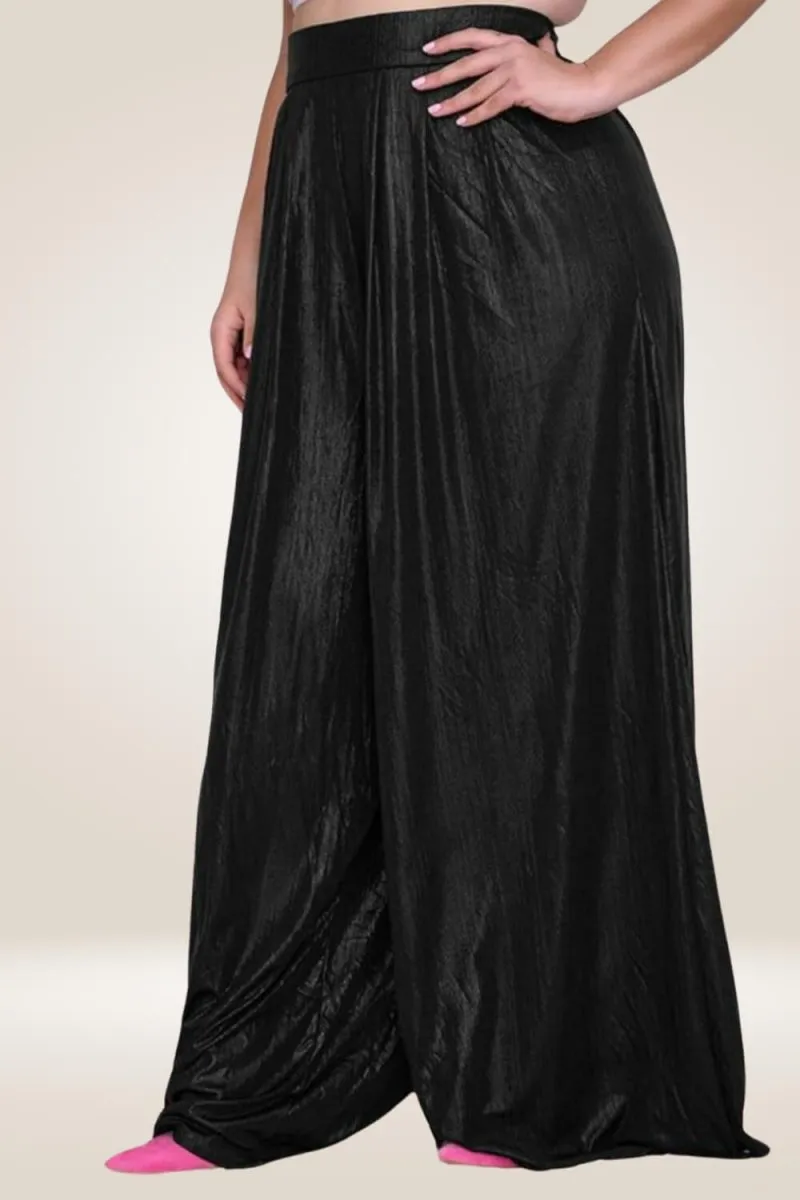 Plus Size Metallic High Waist Wide Leg Black Palazzo Pants