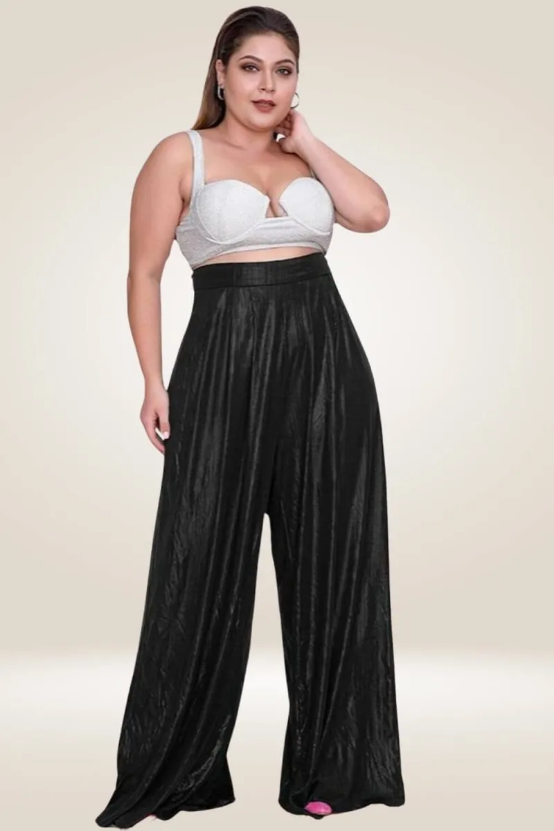 Plus Size Metallic High Waist Wide Leg Black Palazzo Pants