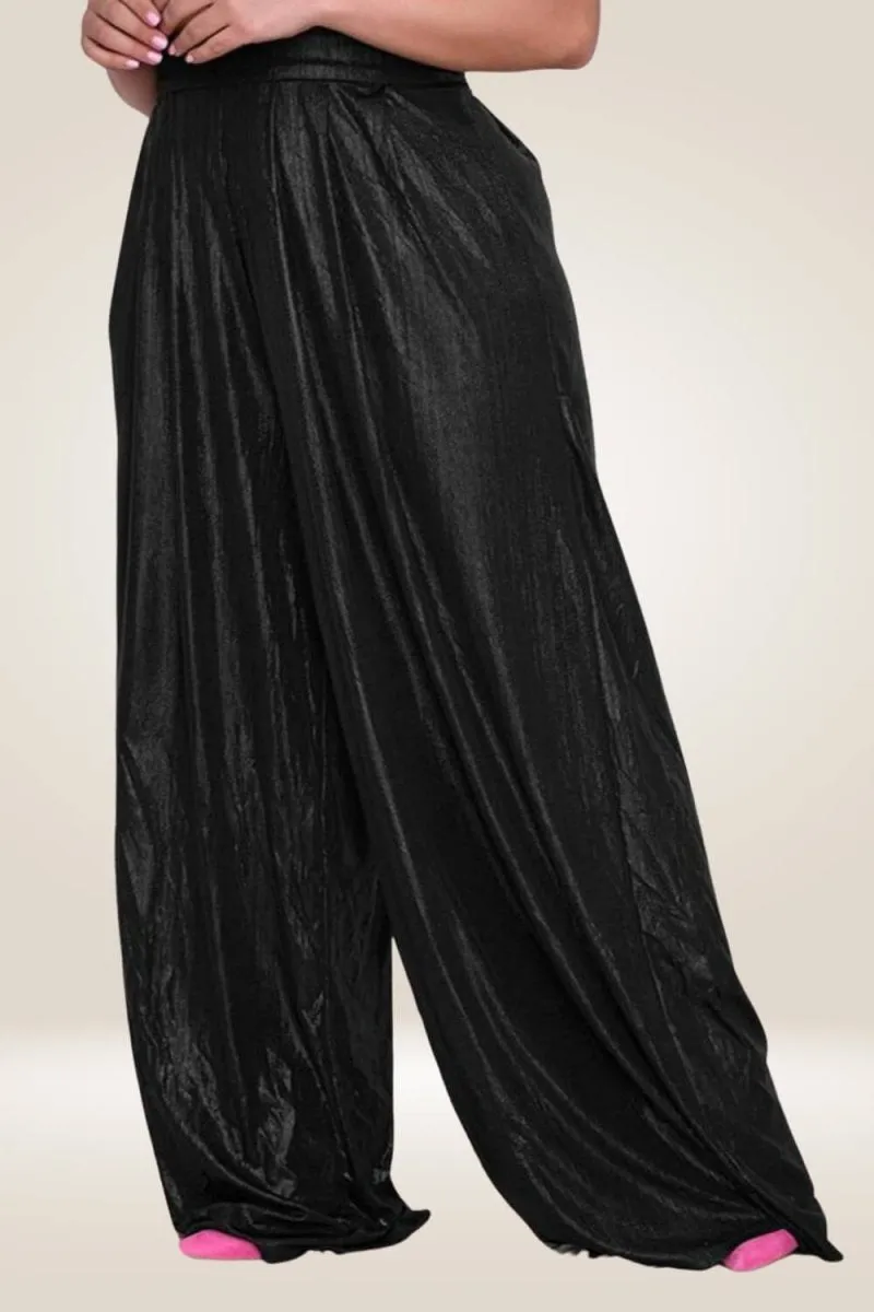 Plus Size Metallic High Waist Wide Leg Black Palazzo Pants