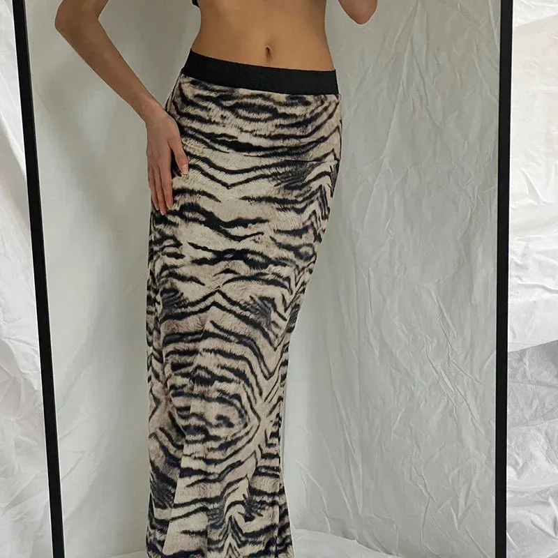 Plush Zebra Maxi Skirt with Faux Fur Texture