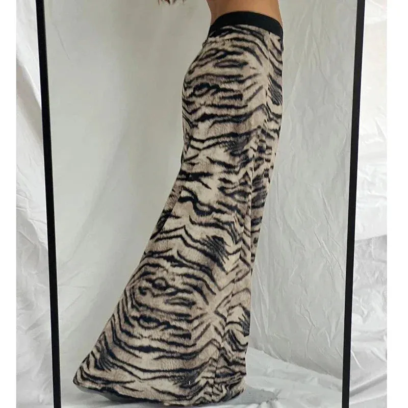 Plush Zebra Maxi Skirt with Faux Fur Texture