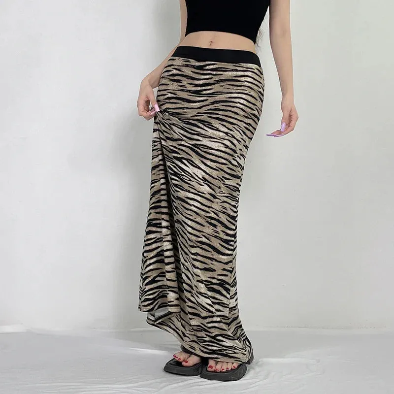 Plush Zebra Maxi Skirt with Faux Fur Texture