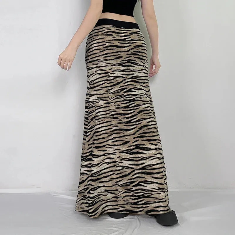 Plush Zebra Maxi Skirt with Faux Fur Texture