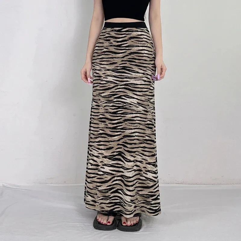 Plush Zebra Maxi Skirt with Faux Fur Texture