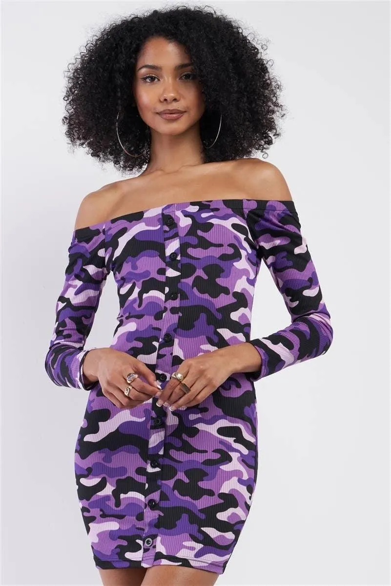 Purple Camo Ribbed Off-The-Shoulder Button Down Bodycon Mini Dress /2-2-2