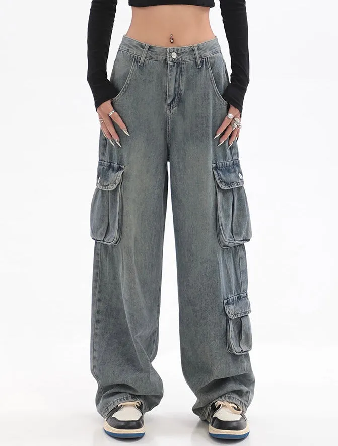 Savanna Denim Blue Multi-Pocket High Waist Cargo Jeans Pants