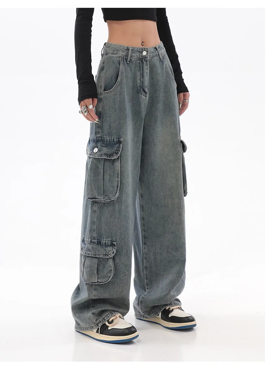 Savanna Denim Blue Multi-Pocket High Waist Cargo Jeans Pants