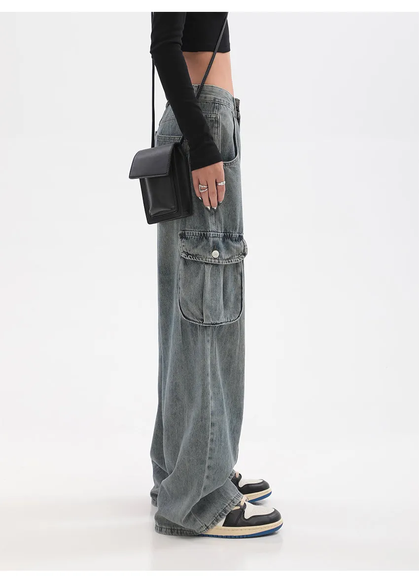 Savanna Denim Blue Multi-Pocket High Waist Cargo Jeans Pants