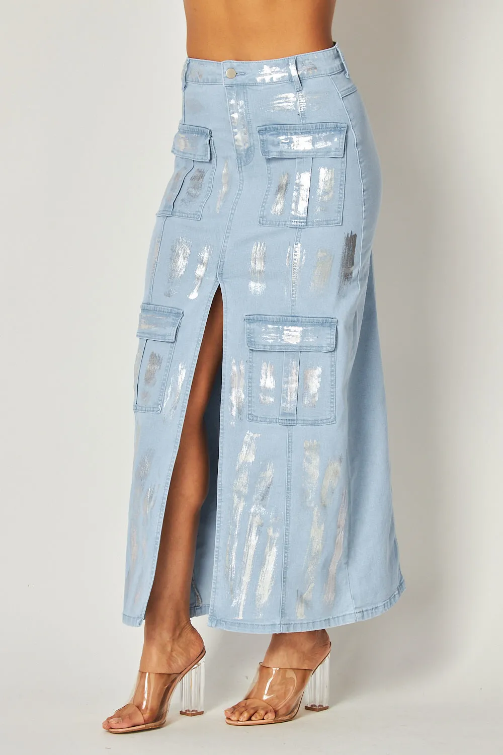 Shakira Foil Print Denim Cargo Pocket Maxi Skirt Metallic