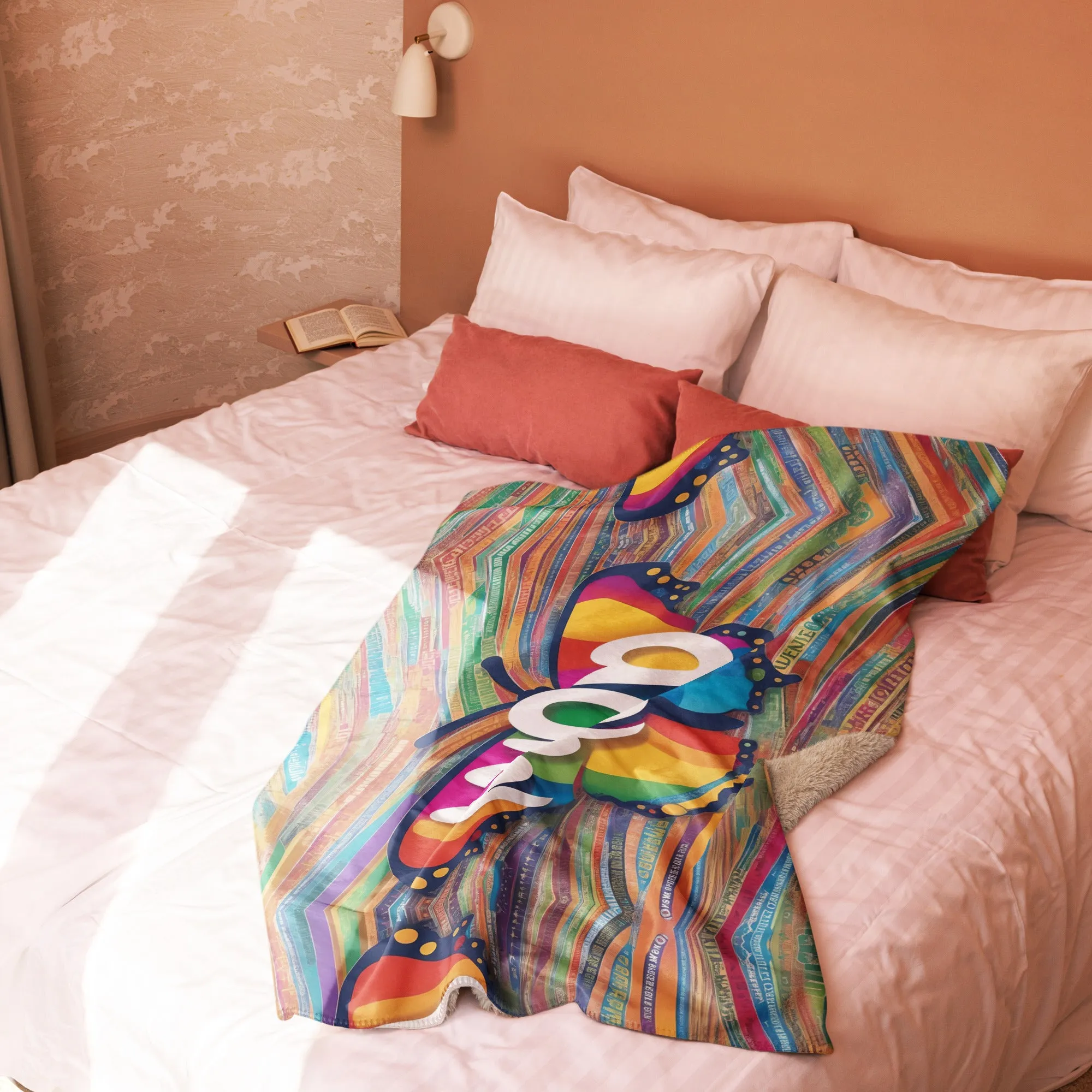 Sherpa blanket / Butterfly & Text design / Retro blanket / AI blanket