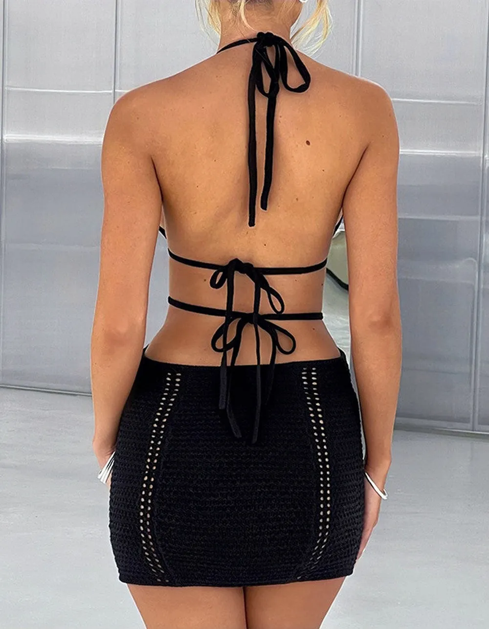 Solid-color Halter Cut-out Hottie Tie-back Short Bodycon Dresses