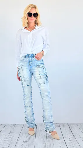 Street Style Cargo Denim Pants - Light Washed Denim