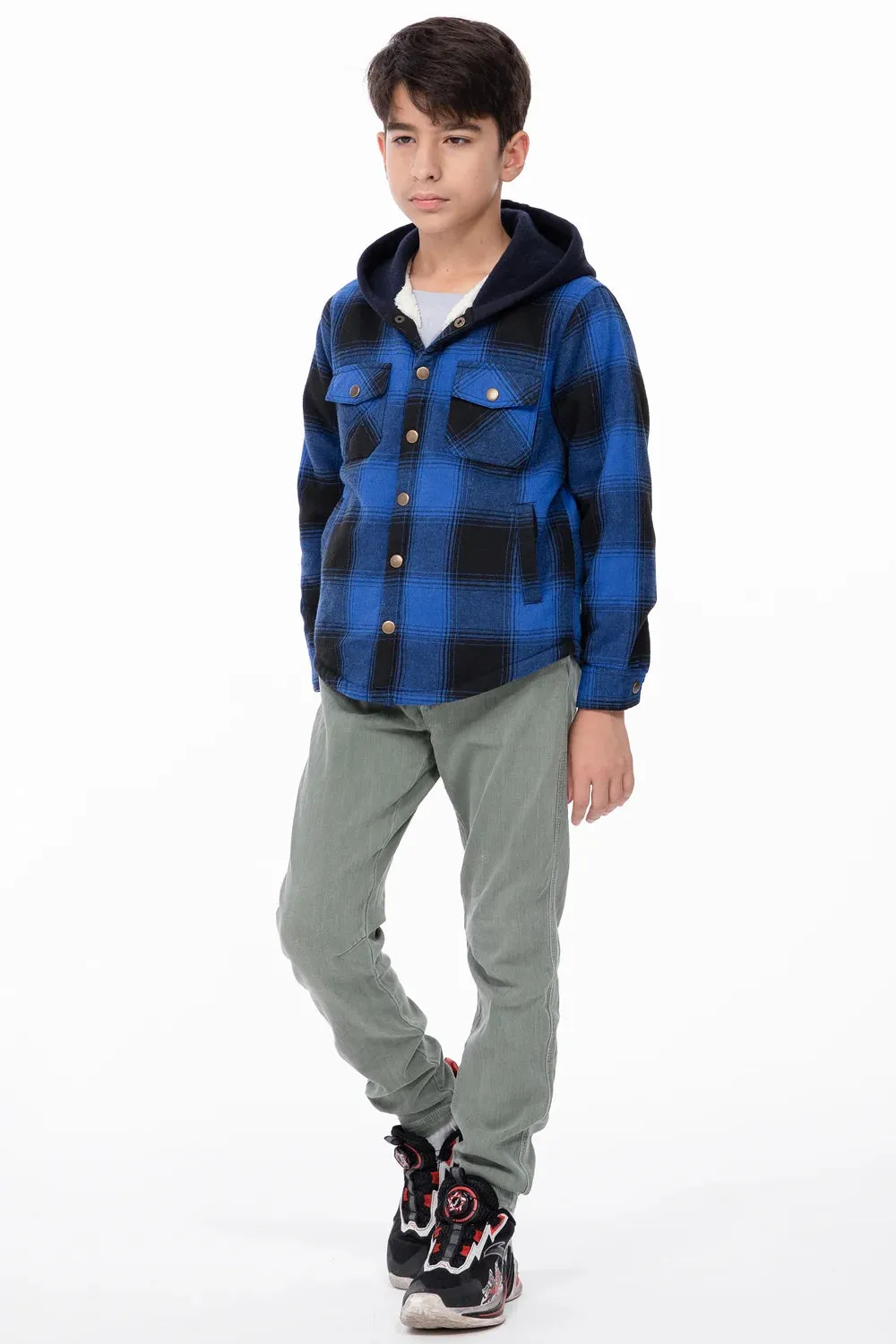 Toddler Boys and Girls Sherpa-Lined Snap Flannel Shirt,Hooded Plaid