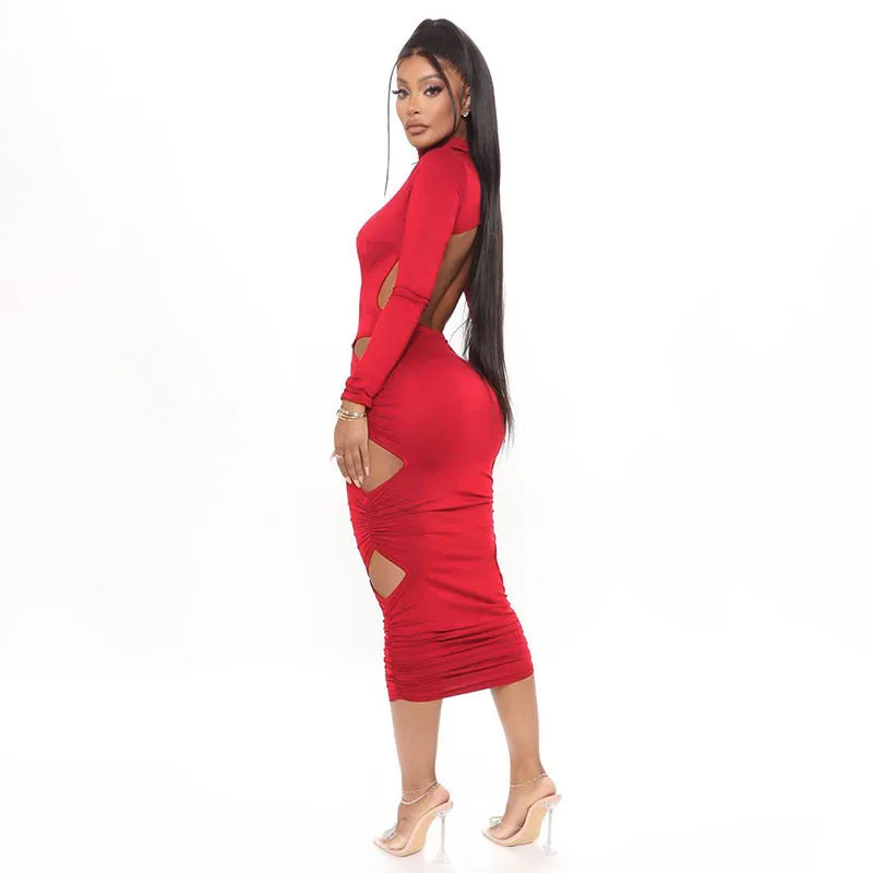 Turtleneck Bodycon Hollow Backless Long Sleeve Midi Dress