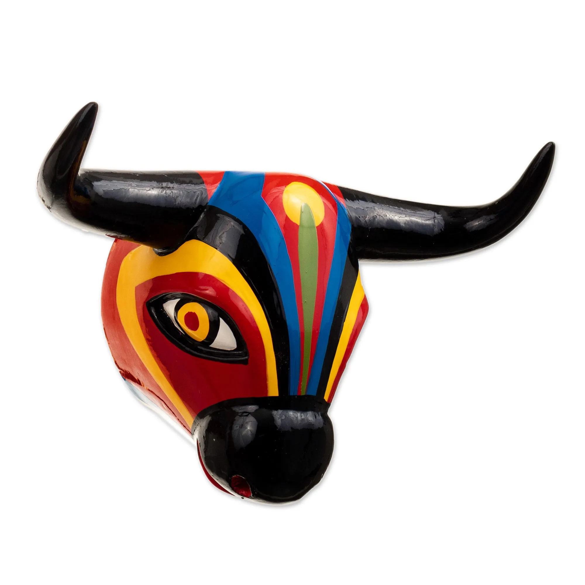 Vibrant Cedar Wood Bull Wall Mask From Colombia - Oneiric Guardian | NOVICA