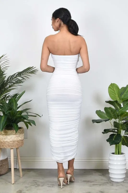 White Strapless Ruched Bodycon Maxi Dress