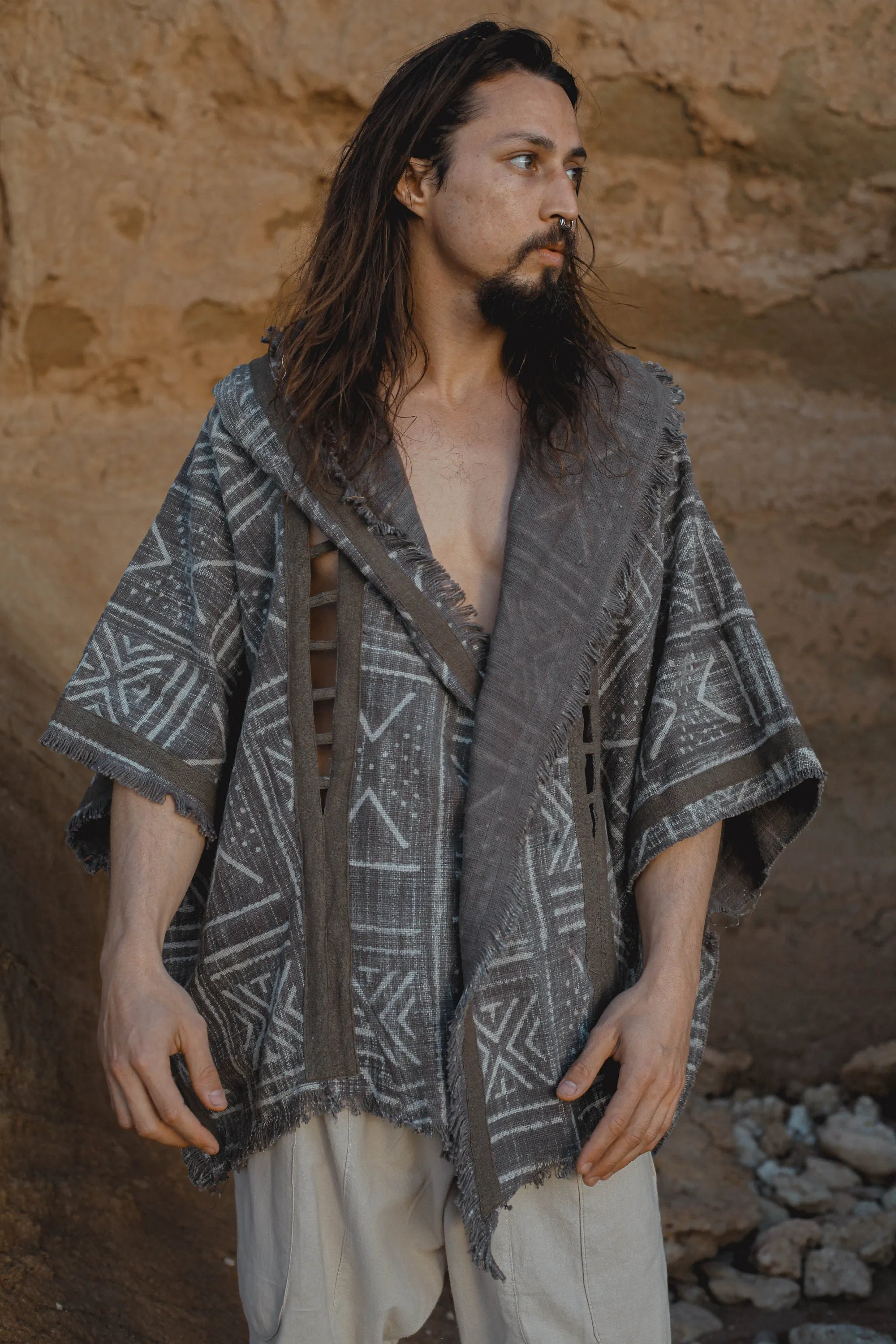 WIZARD Mens Hooded Kimono Vest Grey Tribal Pattern Alchemist Sorcerer Ritual Ceremony Gypsy Festival Magic Alchemy Primitive Boho AJJAYA