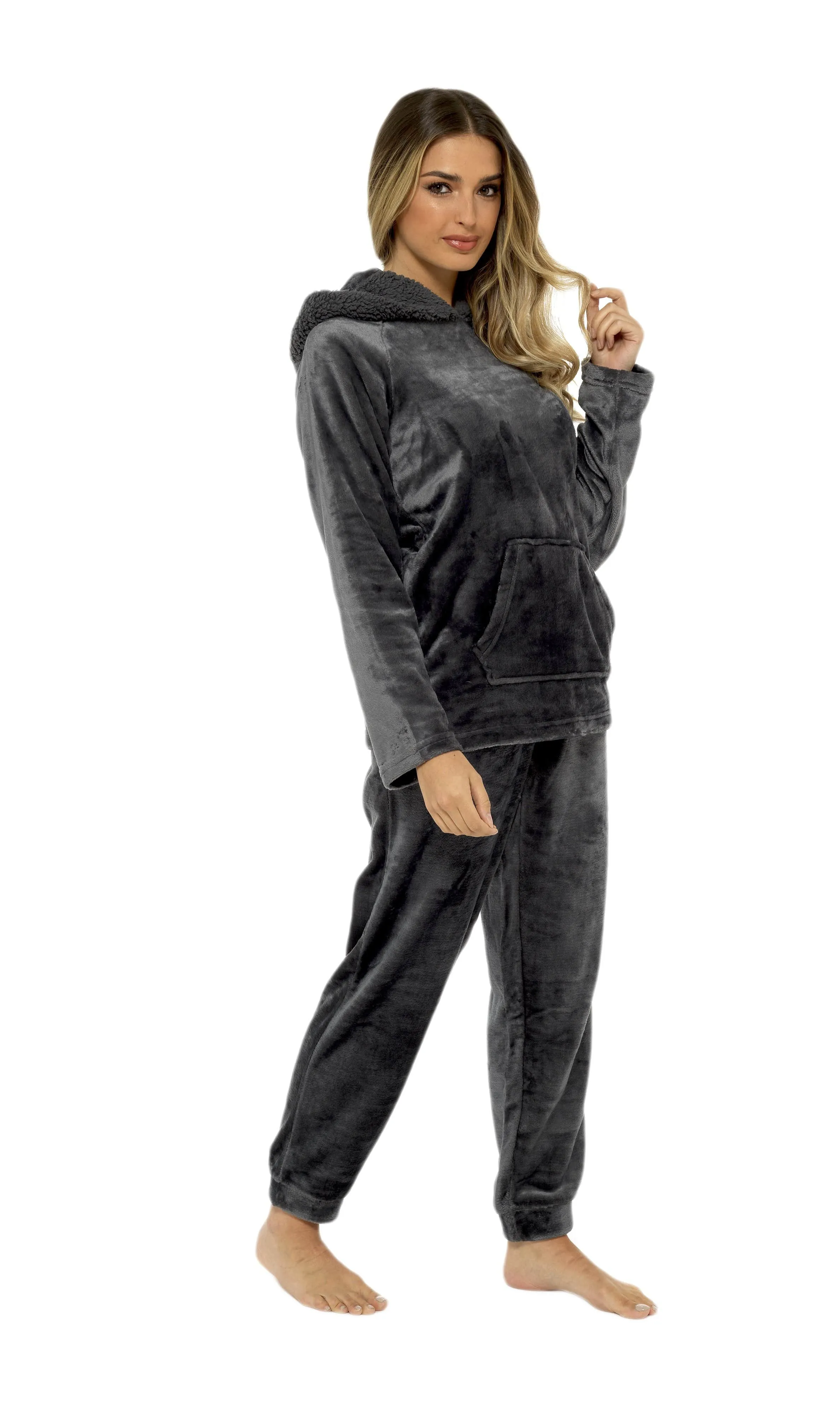 Women's Charcoal Plush Fleece Hooded Pyjama Set with Sherpa Lining Soft Flannel Loungewear Warm Cosy Nightwear Sizes S to XL by Daisy Dreamer