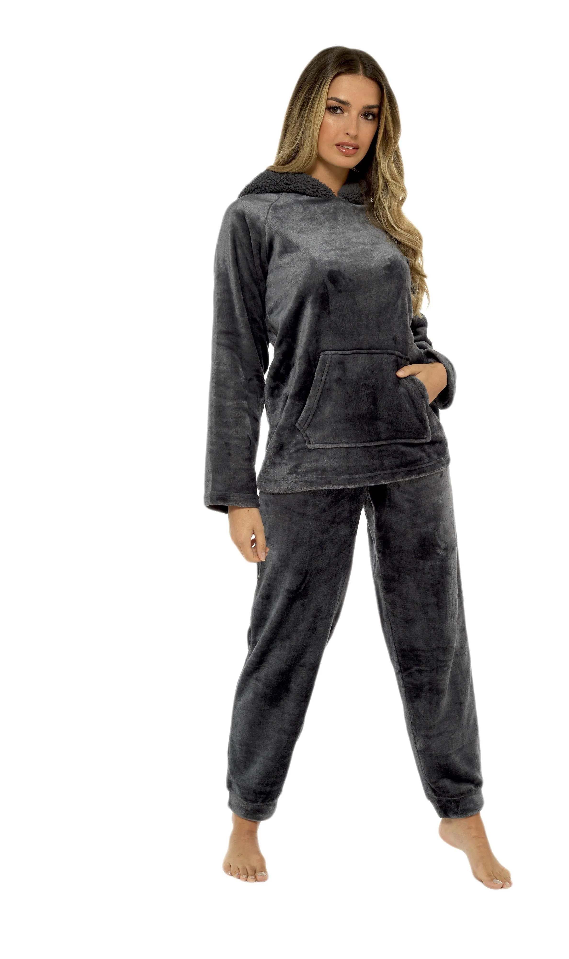 Women's Charcoal Plush Fleece Hooded Pyjama Set with Sherpa Lining Soft Flannel Loungewear Warm Cosy Nightwear Sizes S to XL by Daisy Dreamer