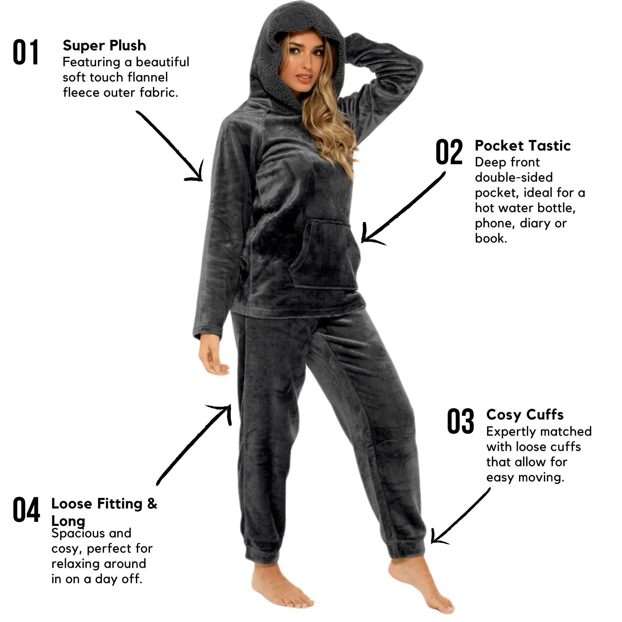 Women's Charcoal Plush Fleece Hooded Pyjama Set with Sherpa Lining Soft Flannel Loungewear Warm Cosy Nightwear Sizes S to XL by Daisy Dreamer