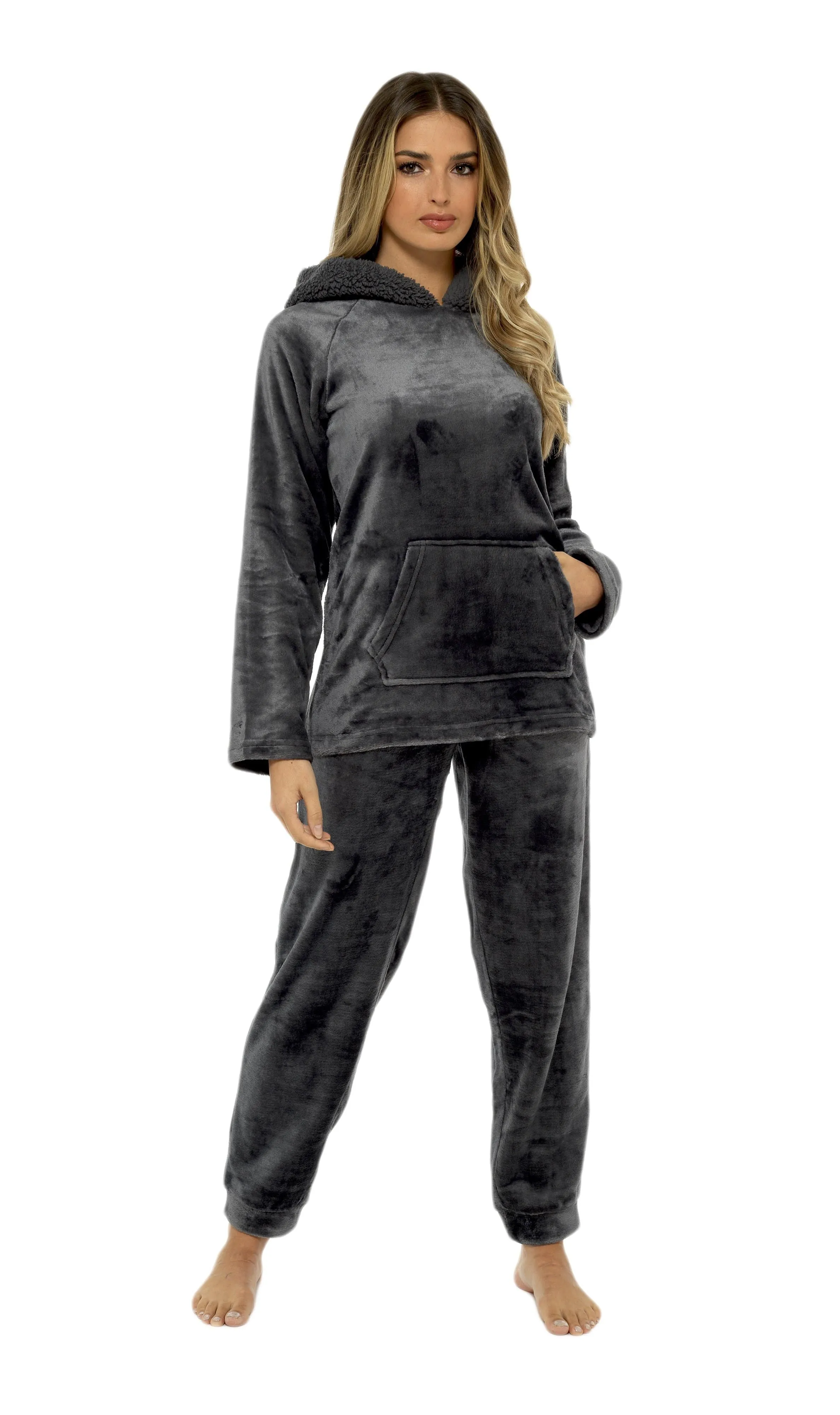 Women's Charcoal Plush Fleece Hooded Pyjama Set with Sherpa Lining Soft Flannel Loungewear Warm Cosy Nightwear Sizes S to XL by Daisy Dreamer