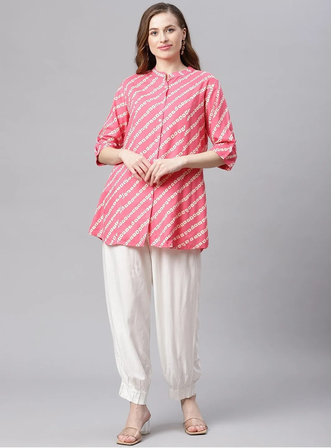 Women'S Pink Bandhani Rayon A-Line Shirt Style Top