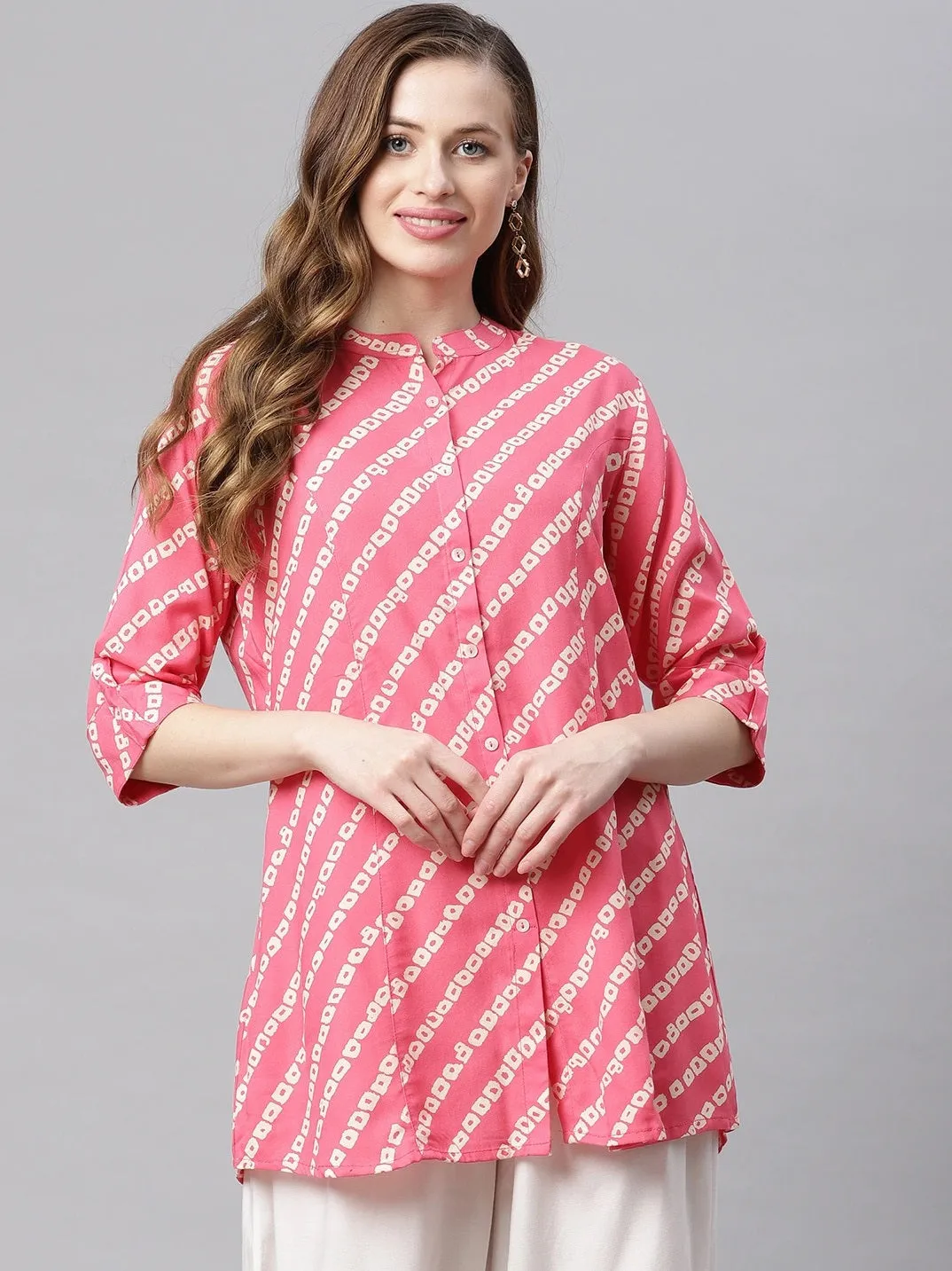 Women'S Pink Bandhani Rayon A-Line Shirt Style Top