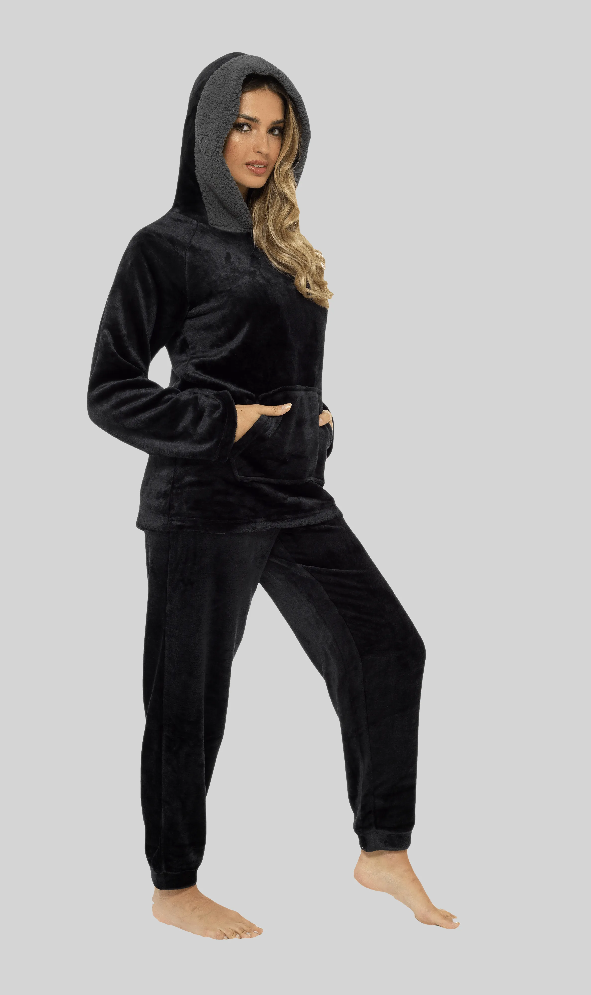 Women's Ultra-Soft Black Plush Fleece Hooded Pyjama Set with Sherpa Lining Cosy Durable Nightwear Sizes S to XL by Daisy Dreamer