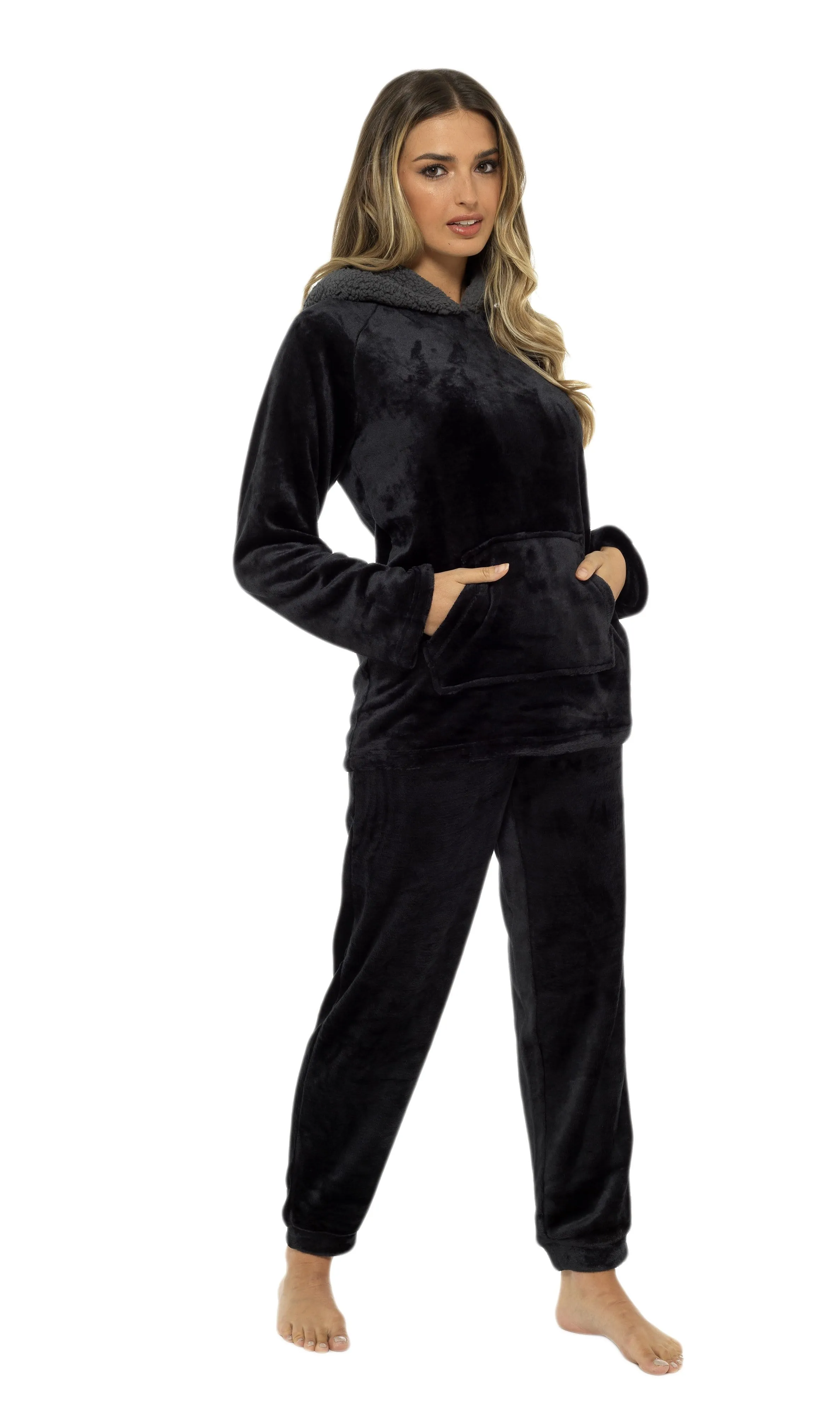 Women's Ultra-Soft Black Plush Fleece Hooded Pyjama Set with Sherpa Lining Cosy Durable Nightwear Sizes S to XL by Daisy Dreamer