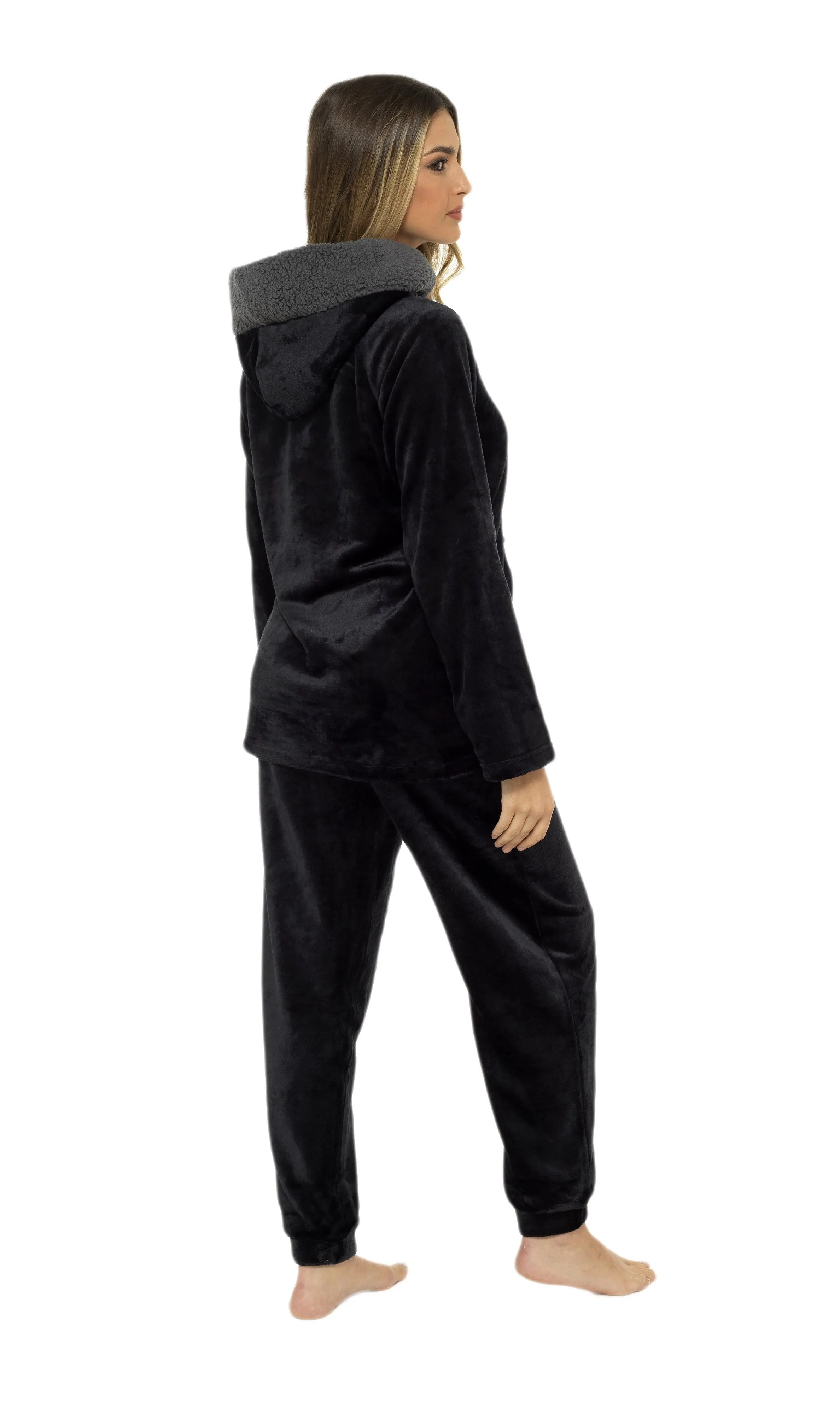 Women's Ultra-Soft Black Plush Fleece Hooded Pyjama Set with Sherpa Lining Cosy Durable Nightwear Sizes S to XL by Daisy Dreamer